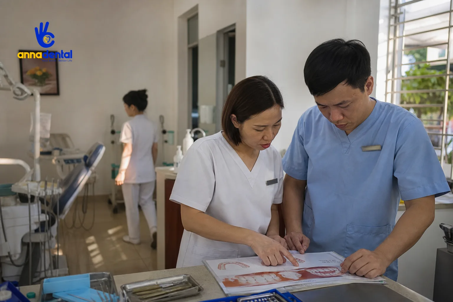 Hai nha sĩ Việt Nam đang trao đổi về các loại răng sứ tại phòng khám