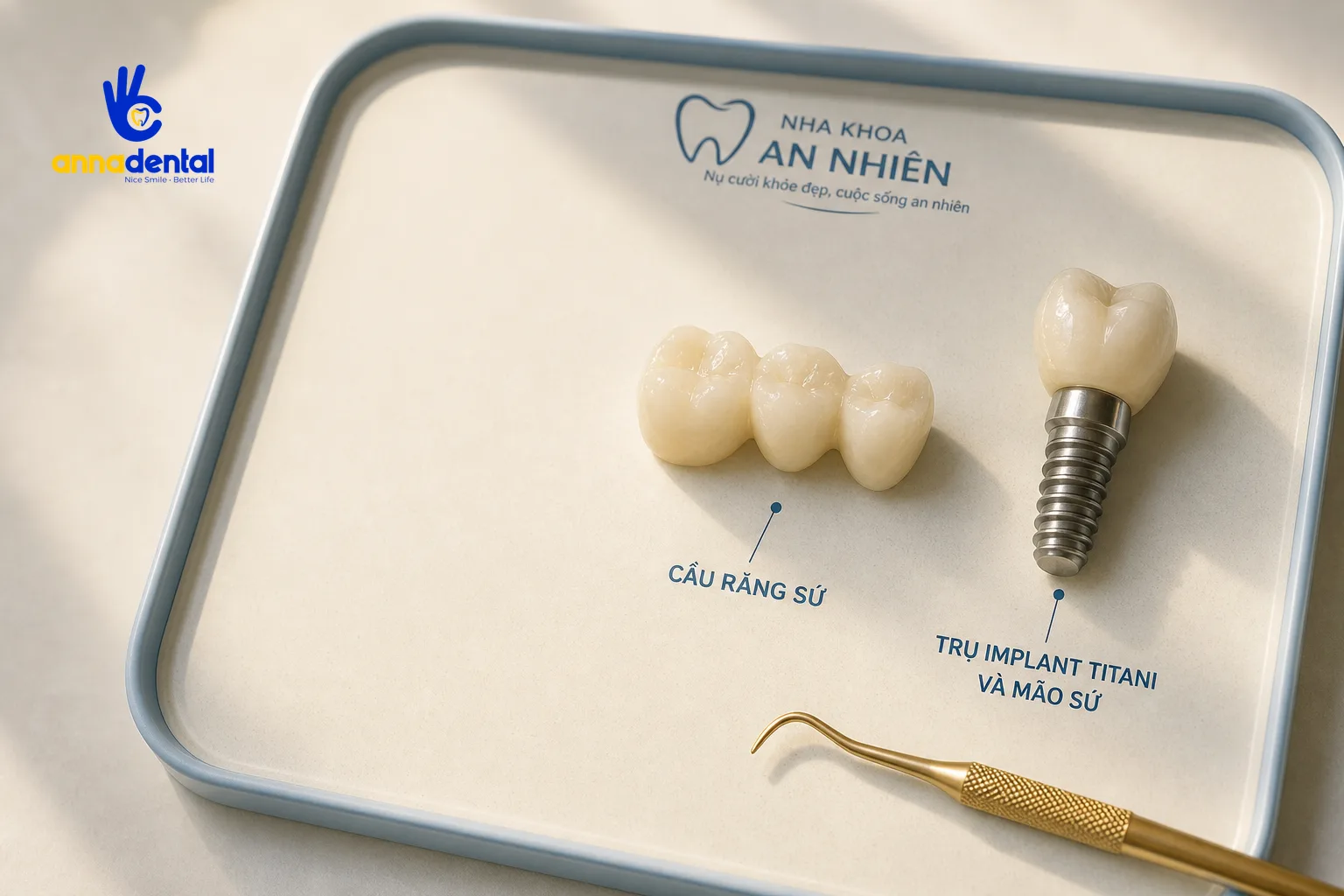 So sánh cầu răng sứ và implant trên khay màu trắng ngà xanh navy