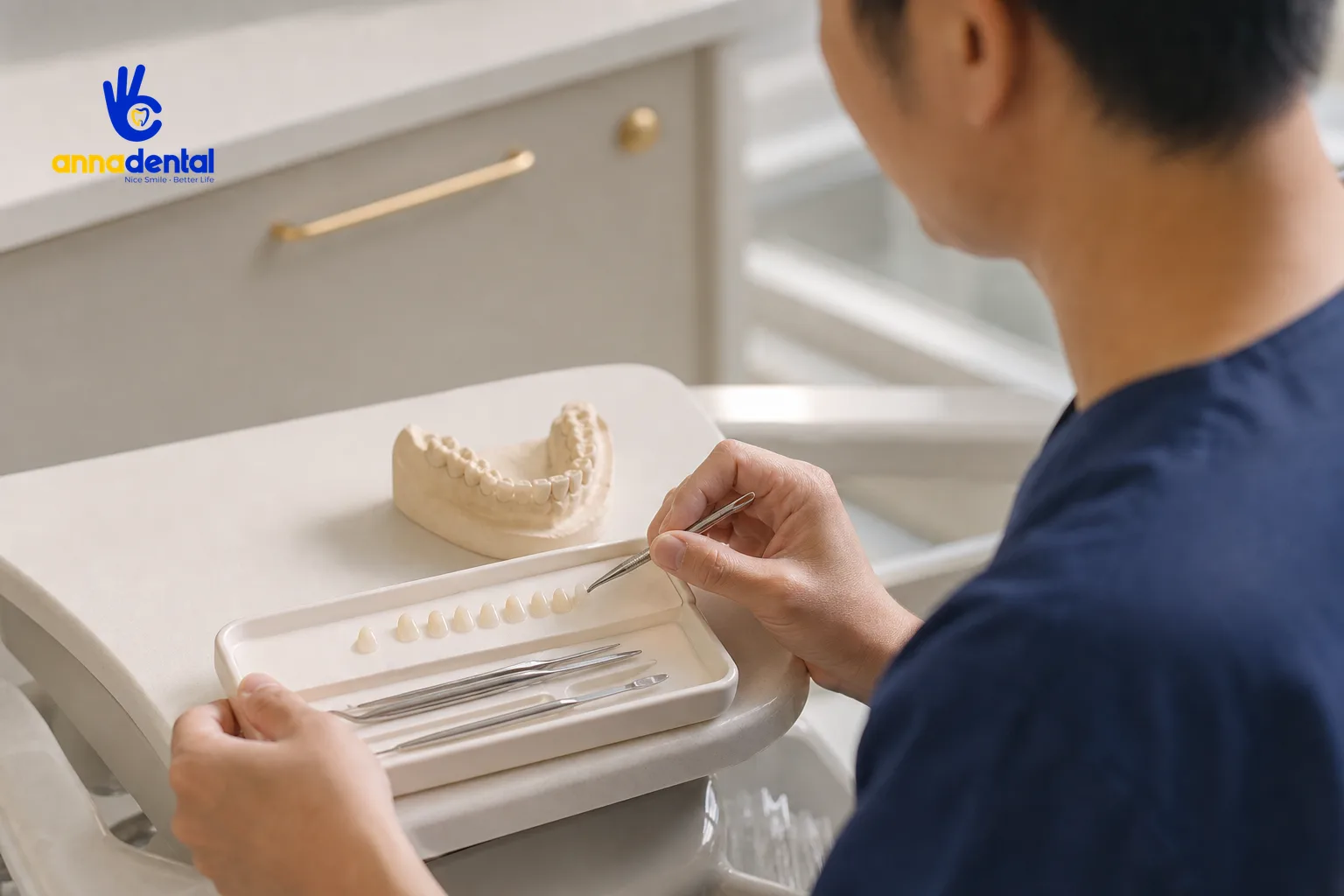 Bác sĩ chuẩn bị bộ mặt dán veneer sứ trên khay trong phòng khám