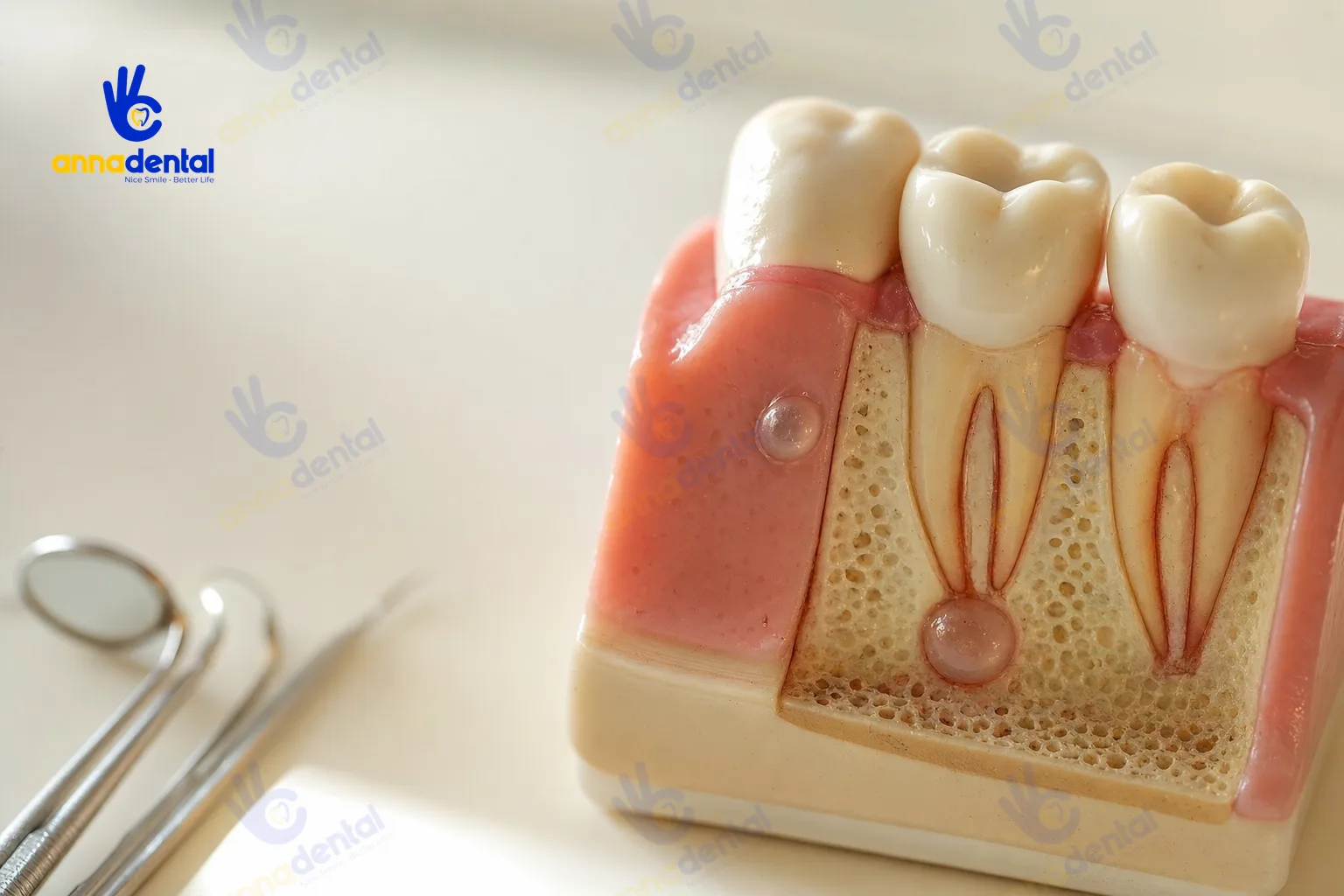 Mô hình hàm răng minh họa ba vị trí áp xe khác nhau
