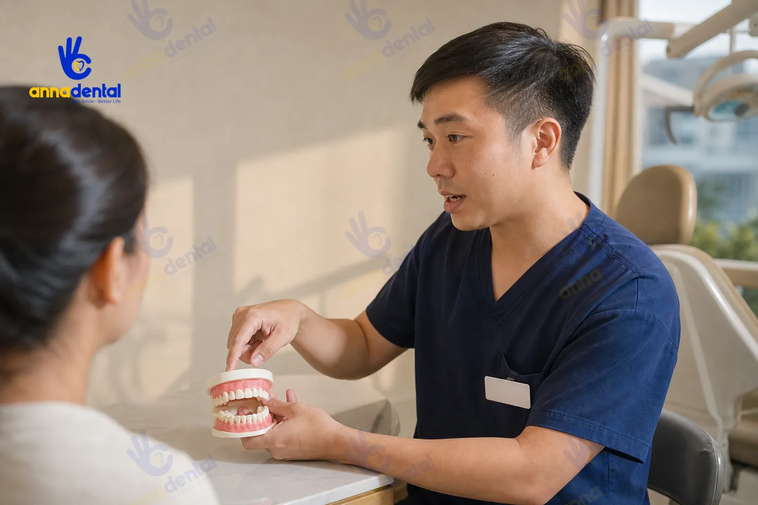 Bác sĩ nha khoa hướng dẫn bệnh nhân trên mô hình hàm sạch trơn