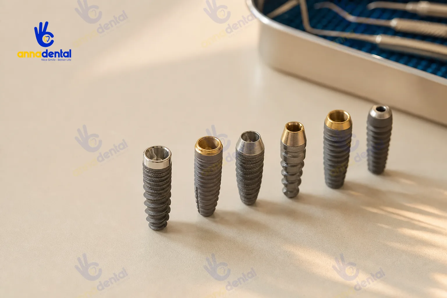 So sánh bảy dòng trụ implant từ các nhóm xuất xứ trên bàn khám màu ngà
