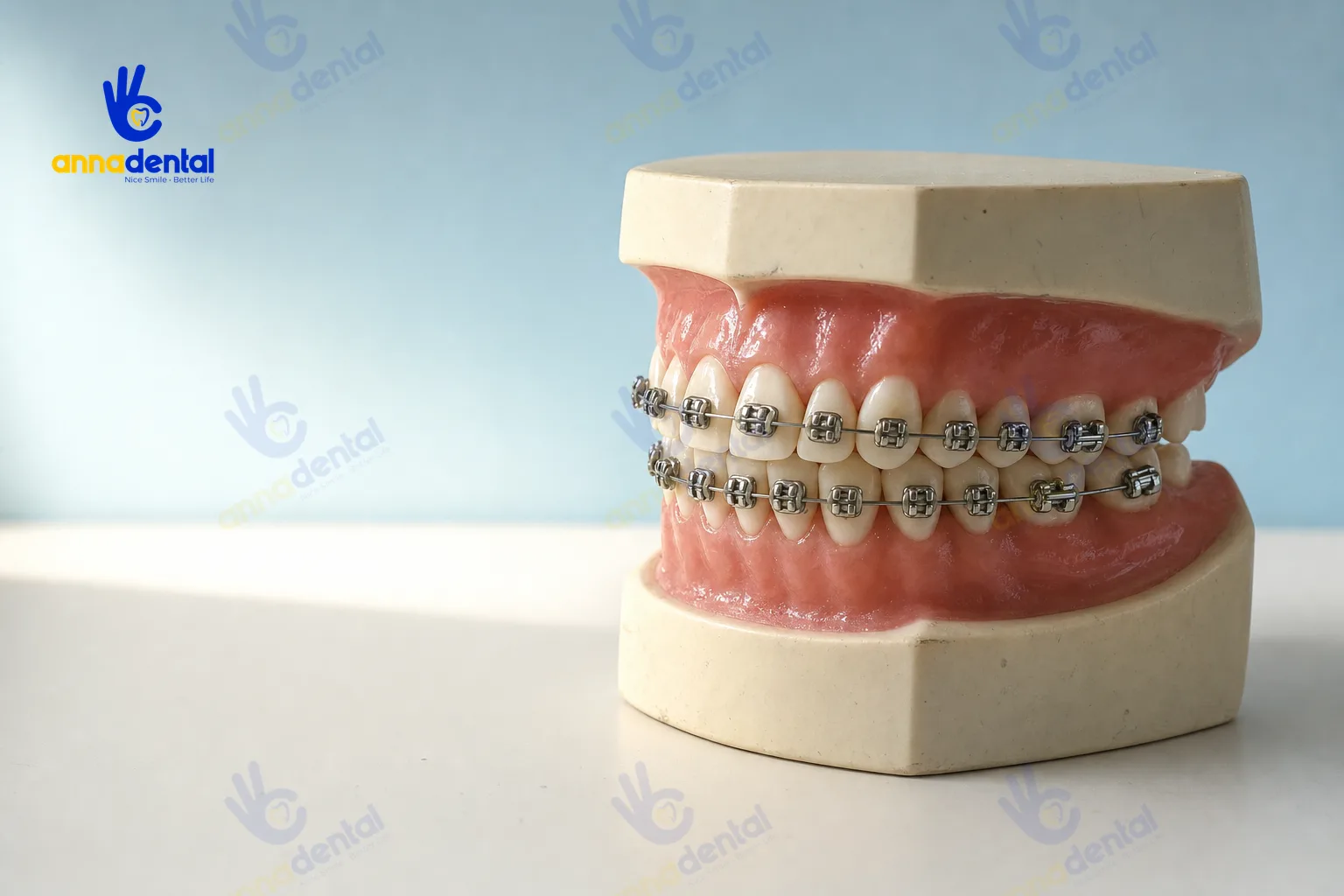 Mô hình răng gắn mắc cài kim loại và dây cung minh họa cơ chế