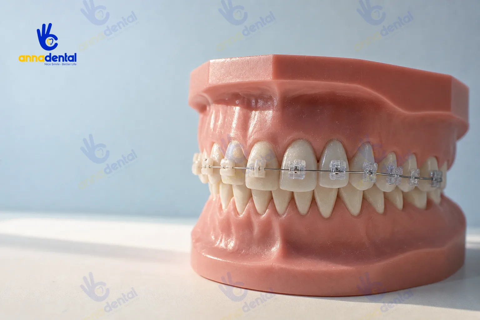 Mắc cài sứ và mắc cài pha lê trên mô hình răng để so sánh