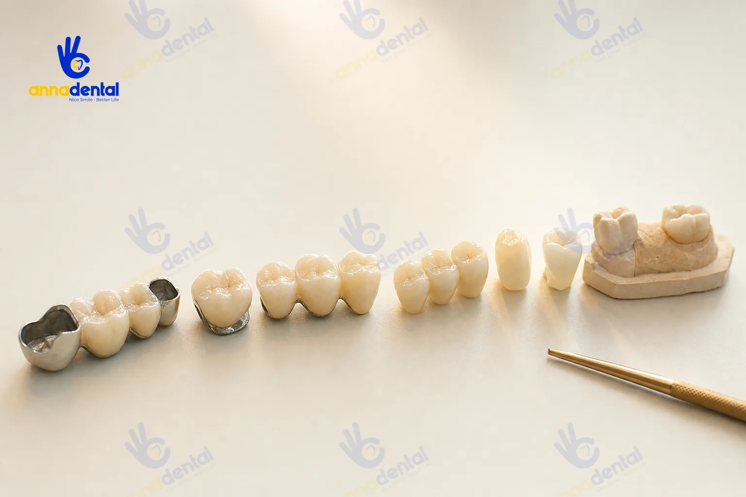 Dãy mão răng sứ từ kim loại đến toàn sứ xếp theo mức độ thẩm mỹ