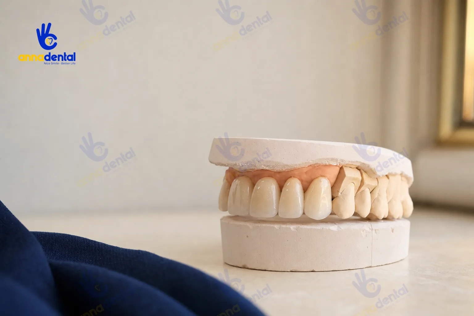 So sánh màu răng sứ với răng thật và nướu trên mẫu hàm