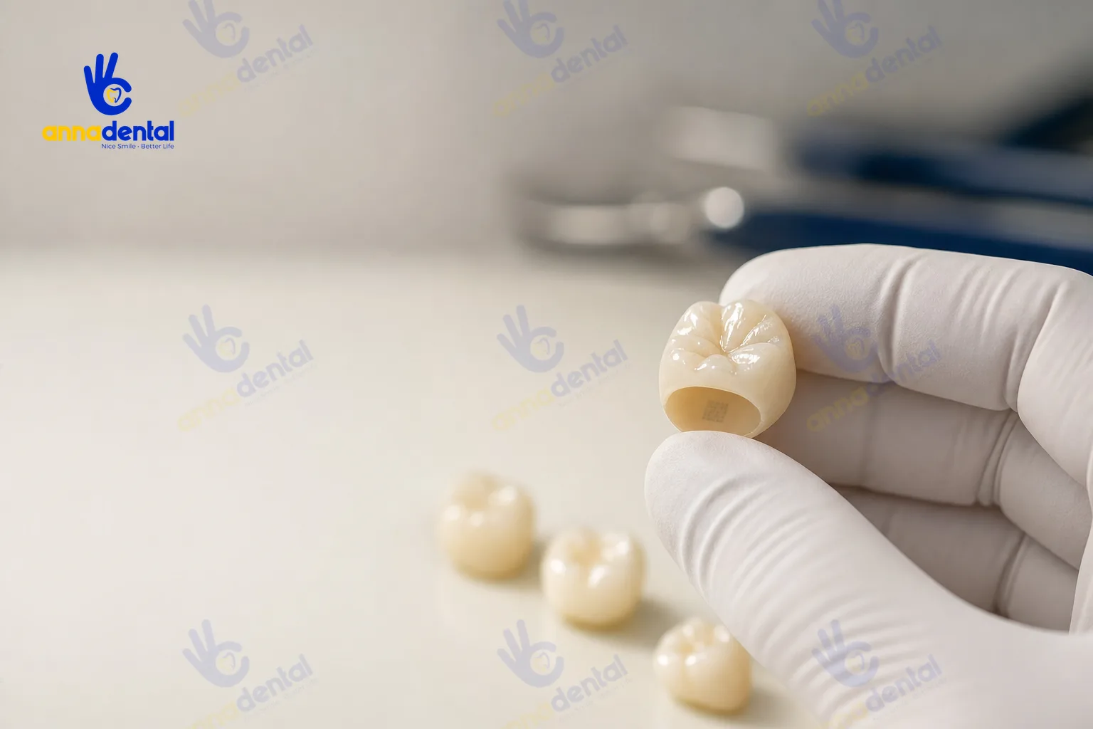 Nha sĩ kiểm tra chi tiết một mão răng sứ trên khay