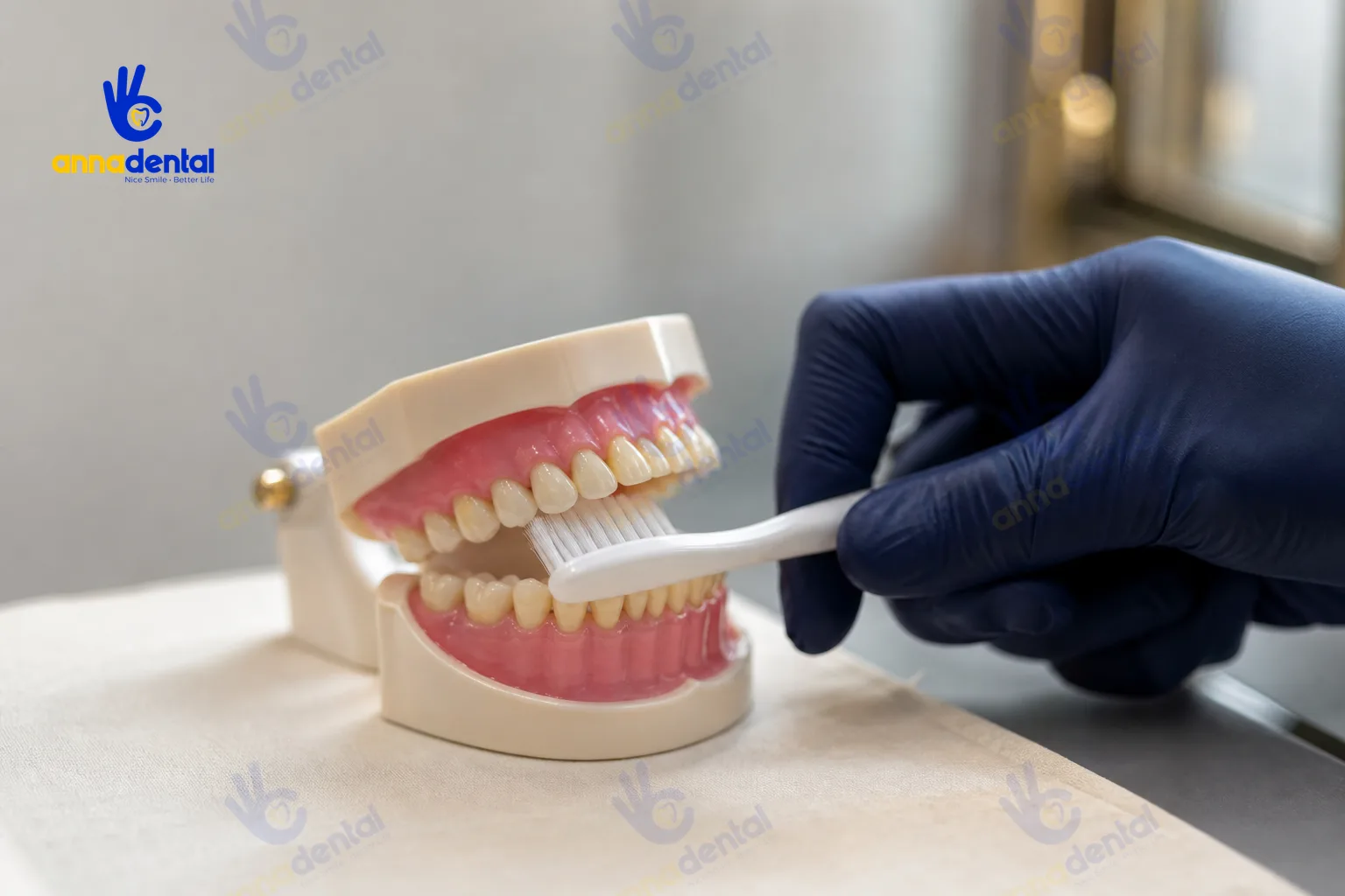 Bàn tay thực tế cầm bàn chải đang làm sạch răng có ố vàng nhẹ