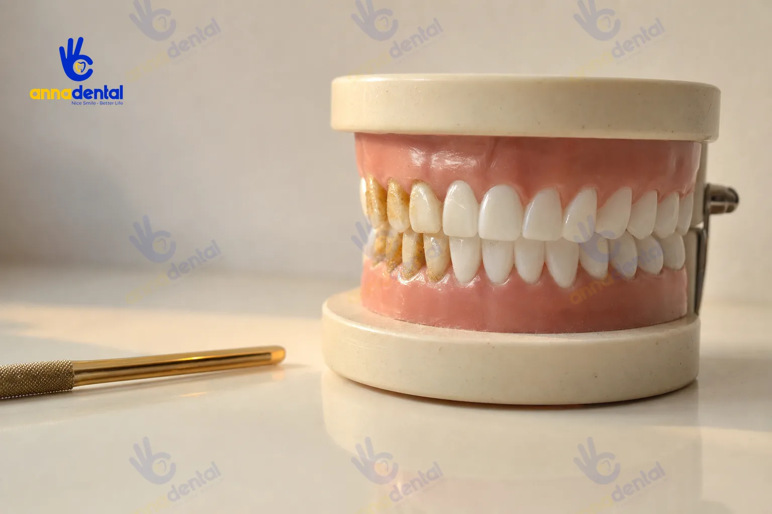Mẫu hàm răng với mảng bám và cao răng so sánh hai bên