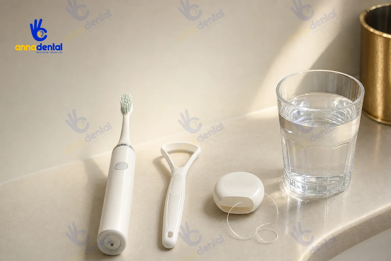 Bàn chải điện, chỉ nha khoa, cạo lưỡi và cốc nước cho chăm sóc hơi thở