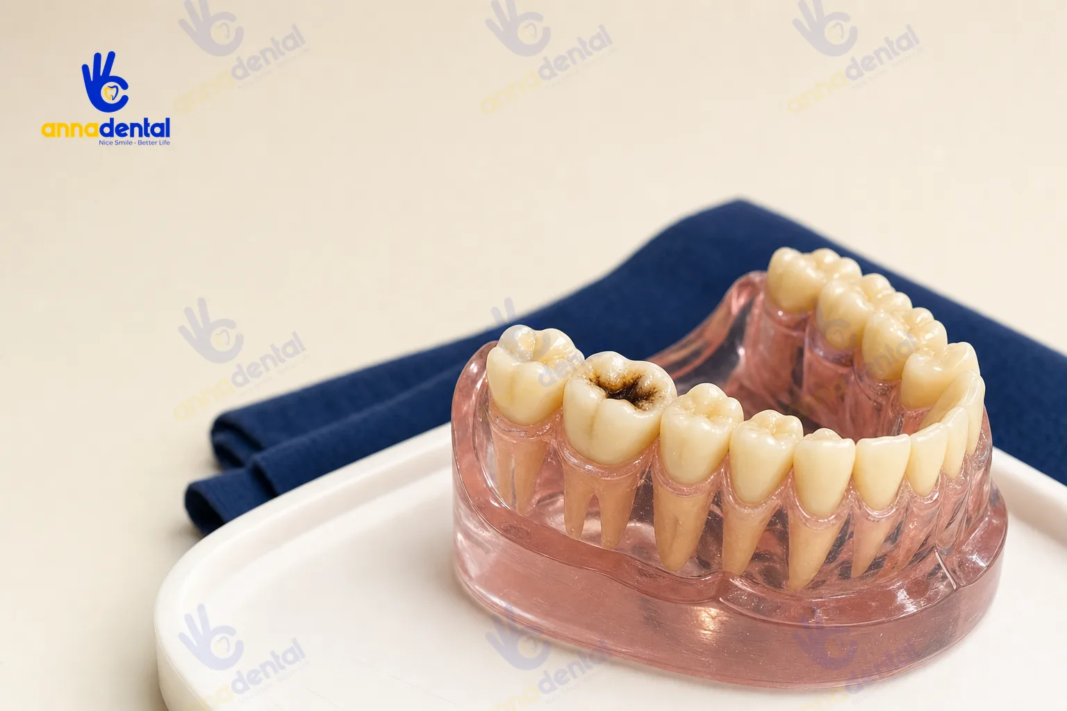Mô hình răng sâu minh họa nguyên nhân gây nhức răng
