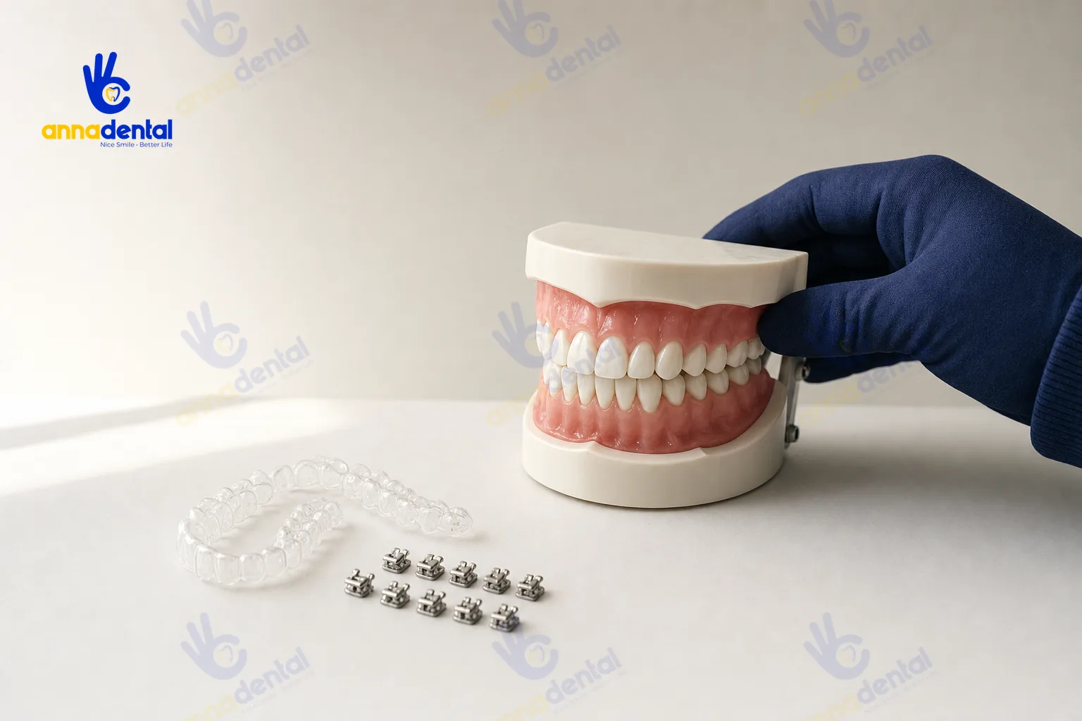 Mô hình răng với khí cụ niềng minh họa chỉnh nha cải thiện cằm lẹm