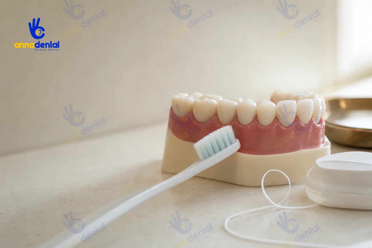 Mô hình minh họa chăm sóc răng sứ bằng bàn chải và chỉ nha khoa