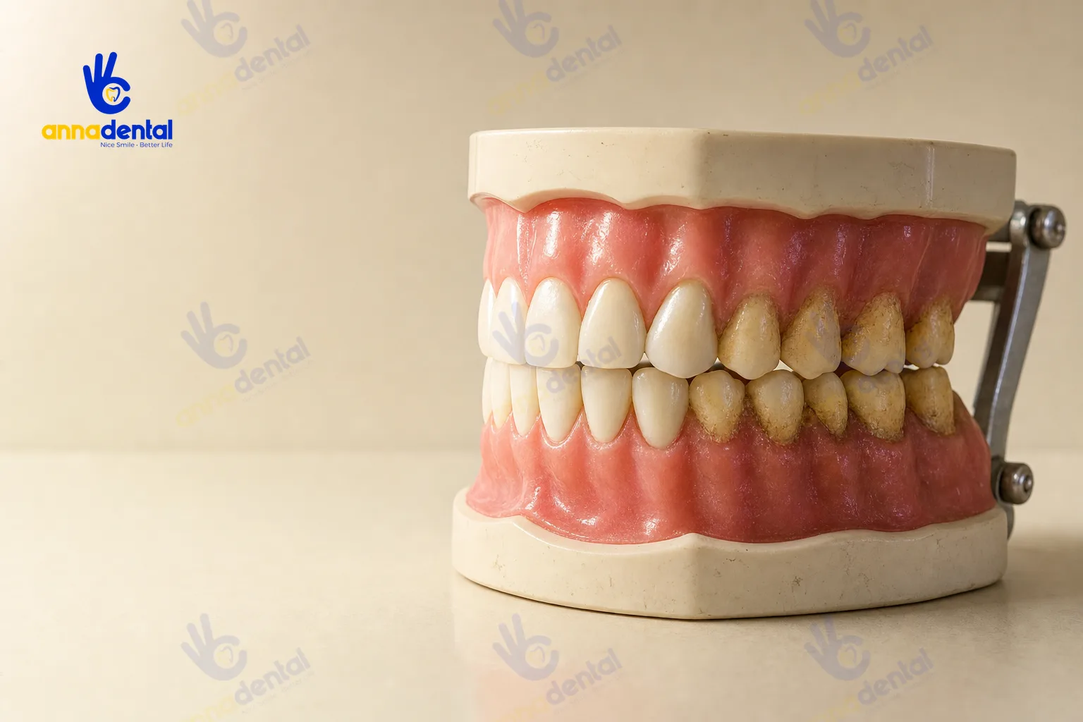 Mô hình răng cho thấy mảng bám và cao răng ở viền nướu