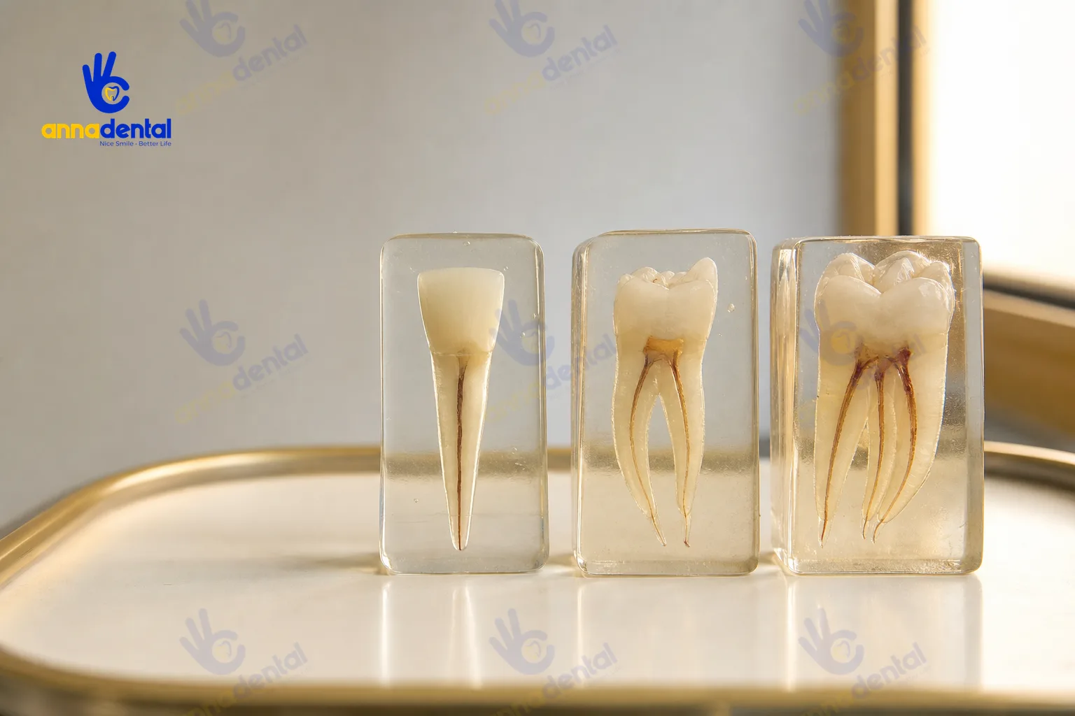 Ba mẫu mô hình răng hiển thị số ống tủy khác nhau giữa răng cửa, răng cối nhỏ và răng hàm