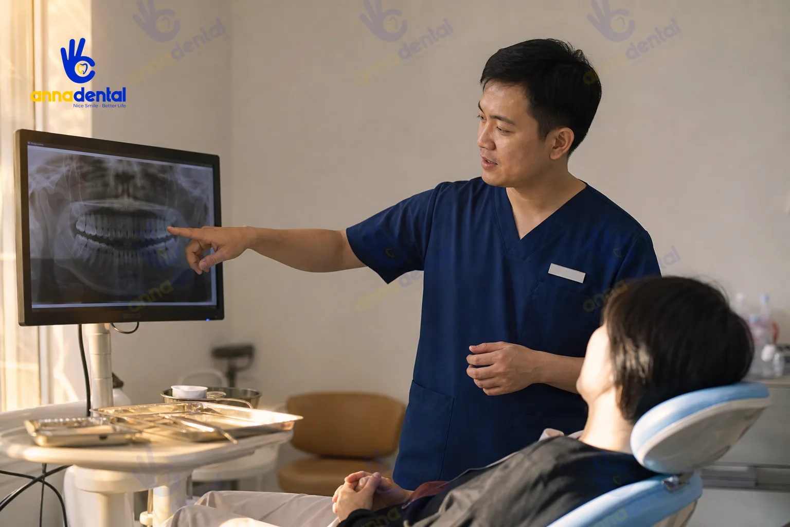 Bác sĩ tư vấn quy trình chữa tủy răng đã bọc sứ cho bệnh nhân