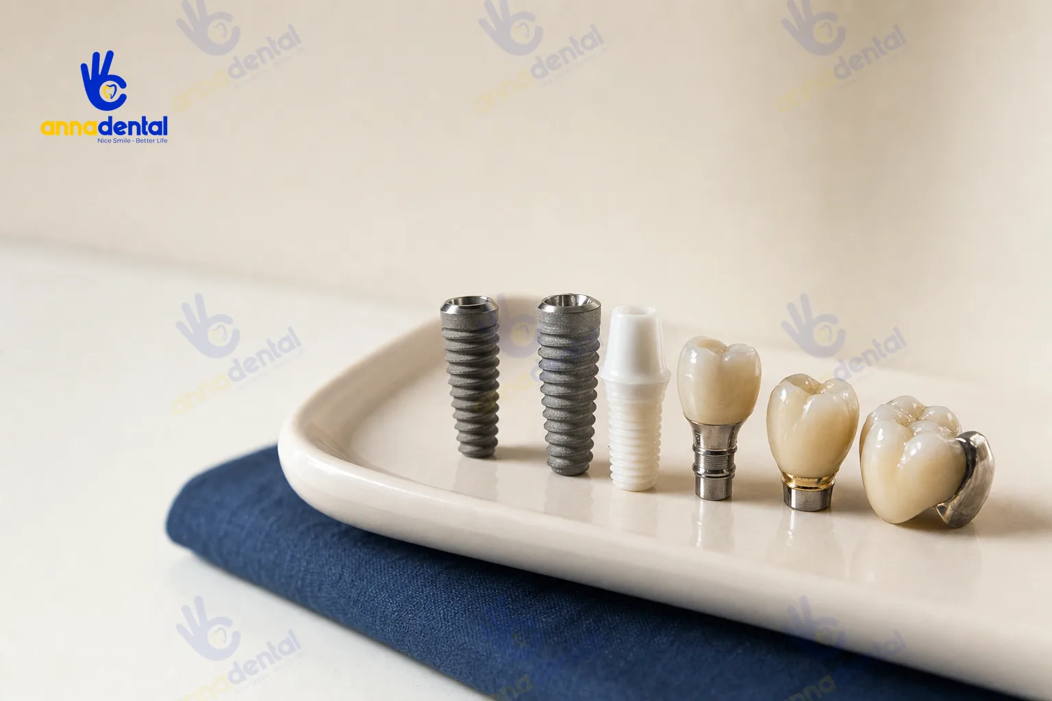 Các loại trụ implant titanium và răng sứ với vật liệu khác nhau