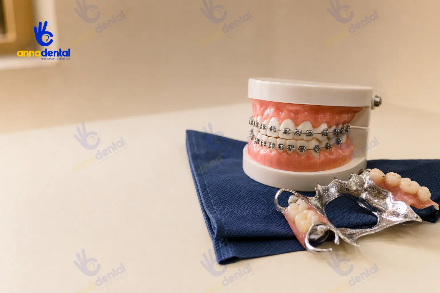 Mô hình mắc cài niềng răng và hàm tháo lắp khung kim loại