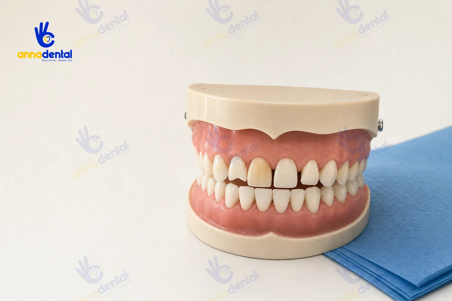 Mô hình răng cửa thưa, mẻ và nhiễm màu trước khi bọc sứ