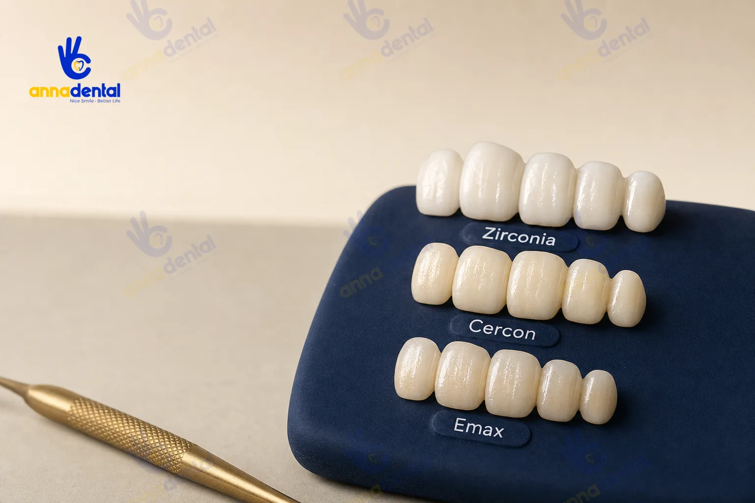 Ba bộ mão sứ Zirconia, Cercon và Emax cho răng cửa