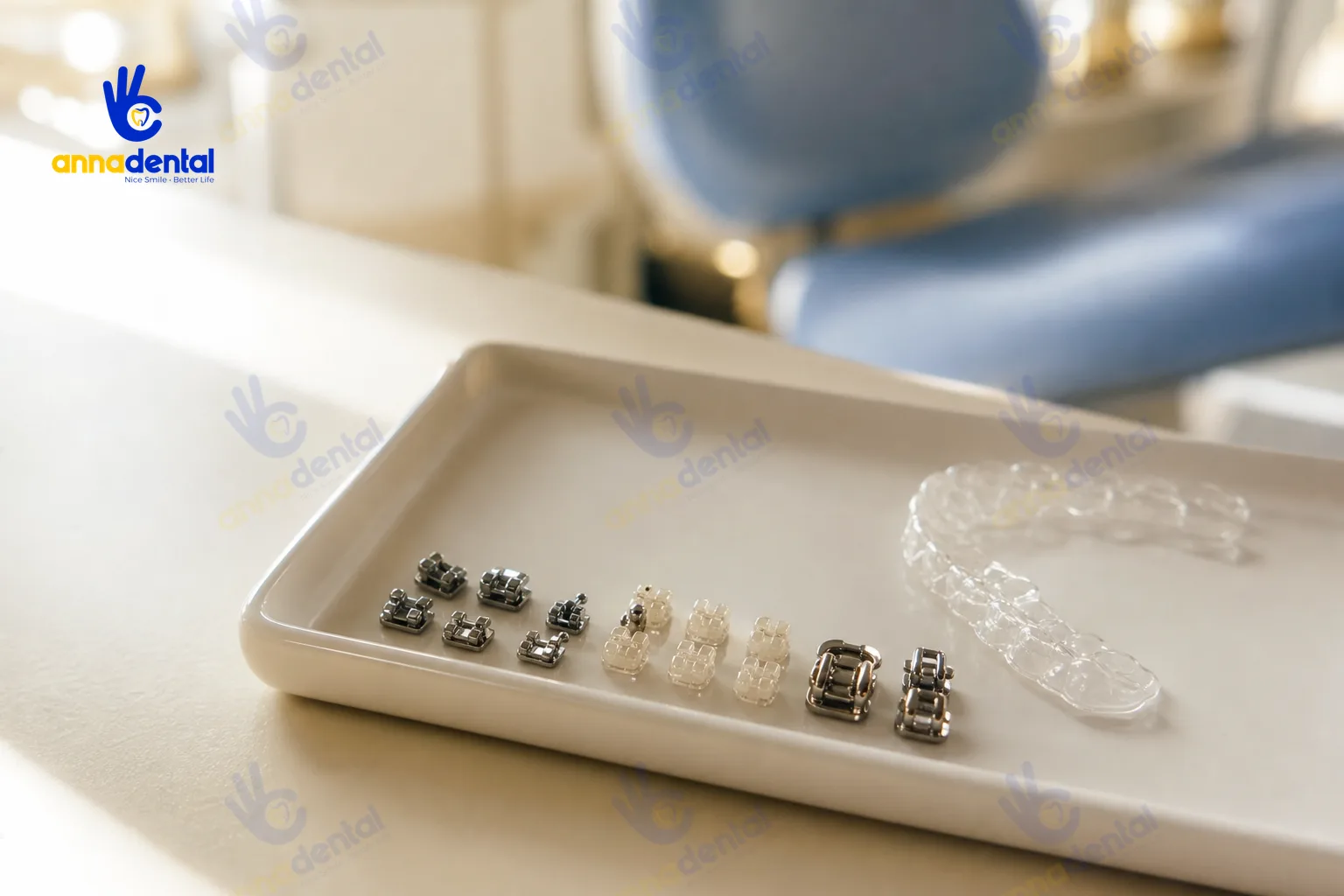 Các loại khí cụ dùng để niềng răng đặt trên khay, minh họa giá niềng răng