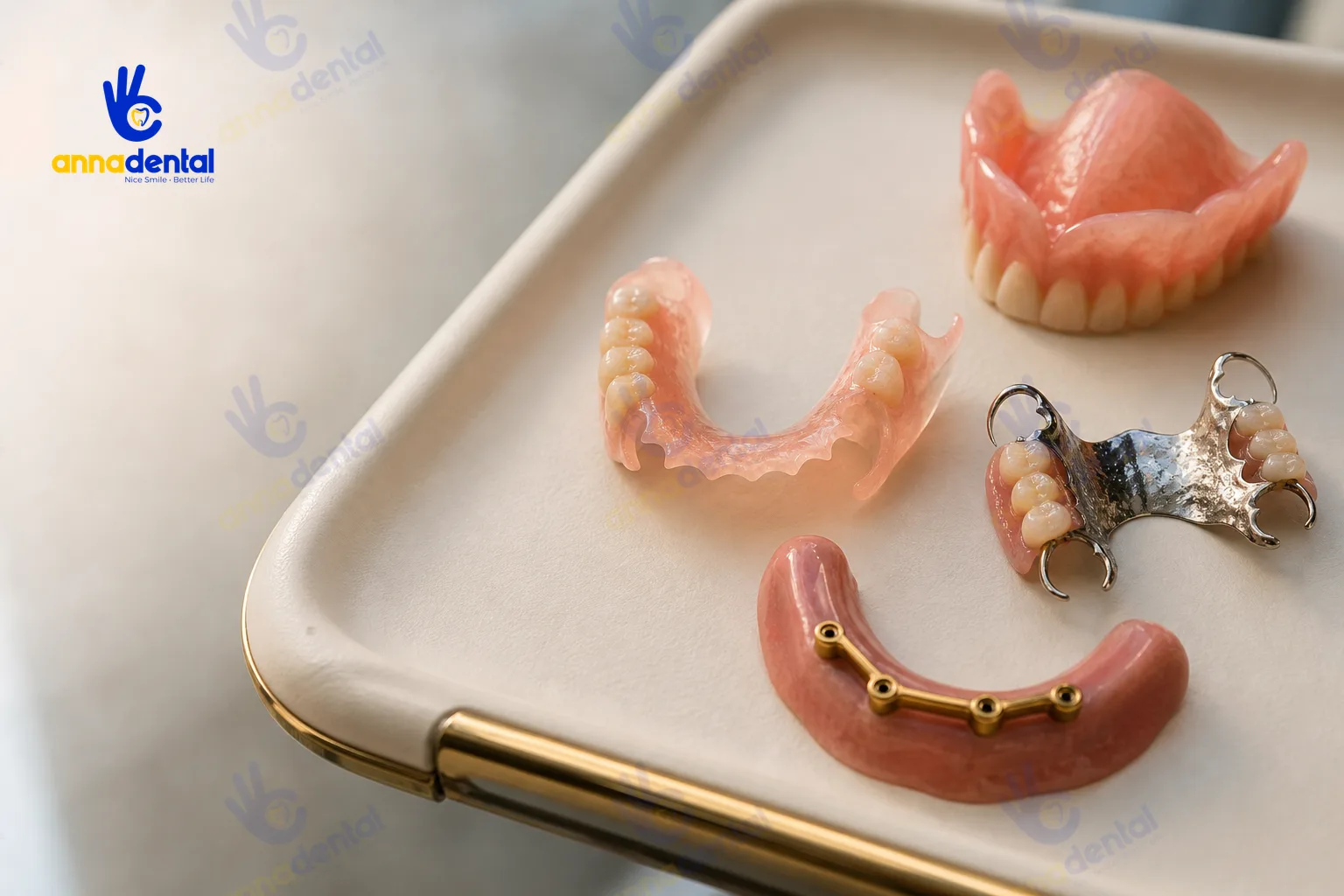 So sánh chi tiết bốn loại hàm tháo lắp được đặt trên khay sạch trong phòng khám