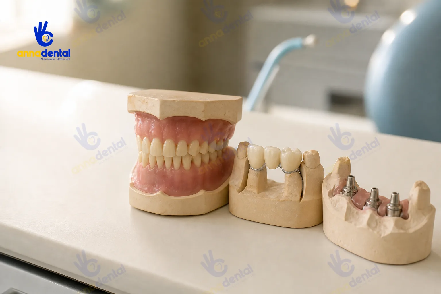 Ba mẫu hàm thể hiện so sánh hàm tháo lắp, cầu răng sứ và Implant trên nền sạch
