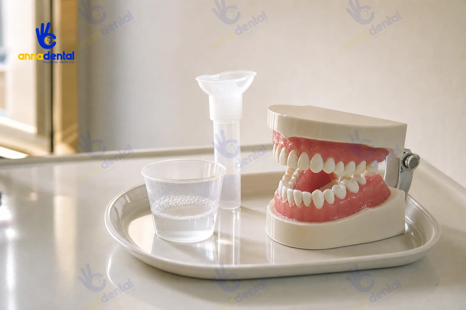 Bộ dụng cụ đo nước bọt cạnh mẫu hàm minh họa răng