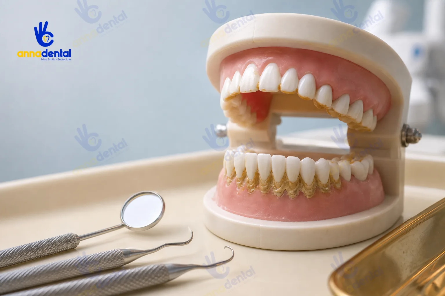 Mô hình răng với cao răng vàng nhạt và nâu sẫm ở kẽ răng.