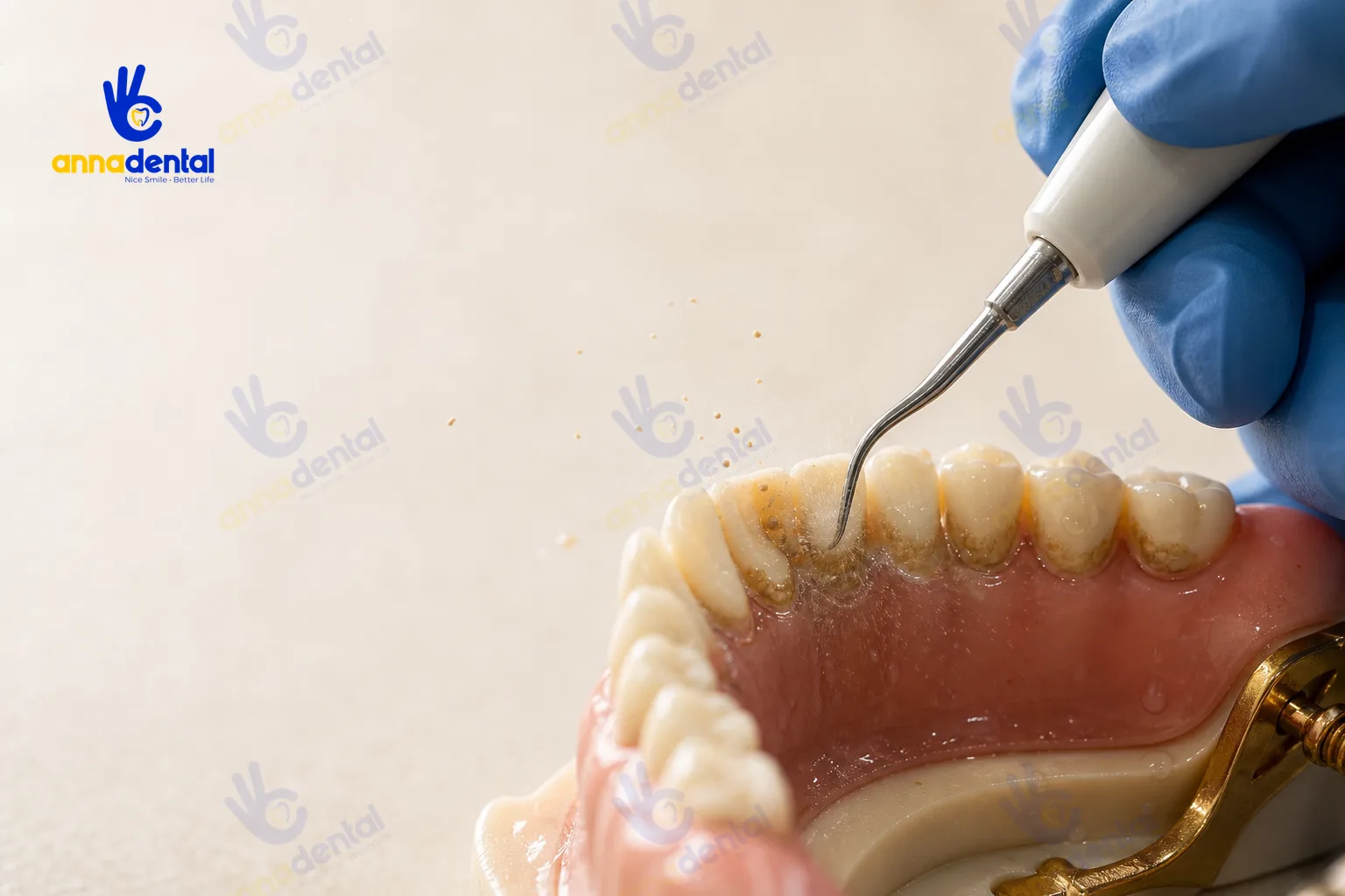 Cận cảnh dụng cụ máy siêu âm lấy cao răng trên mẫu răng thật.