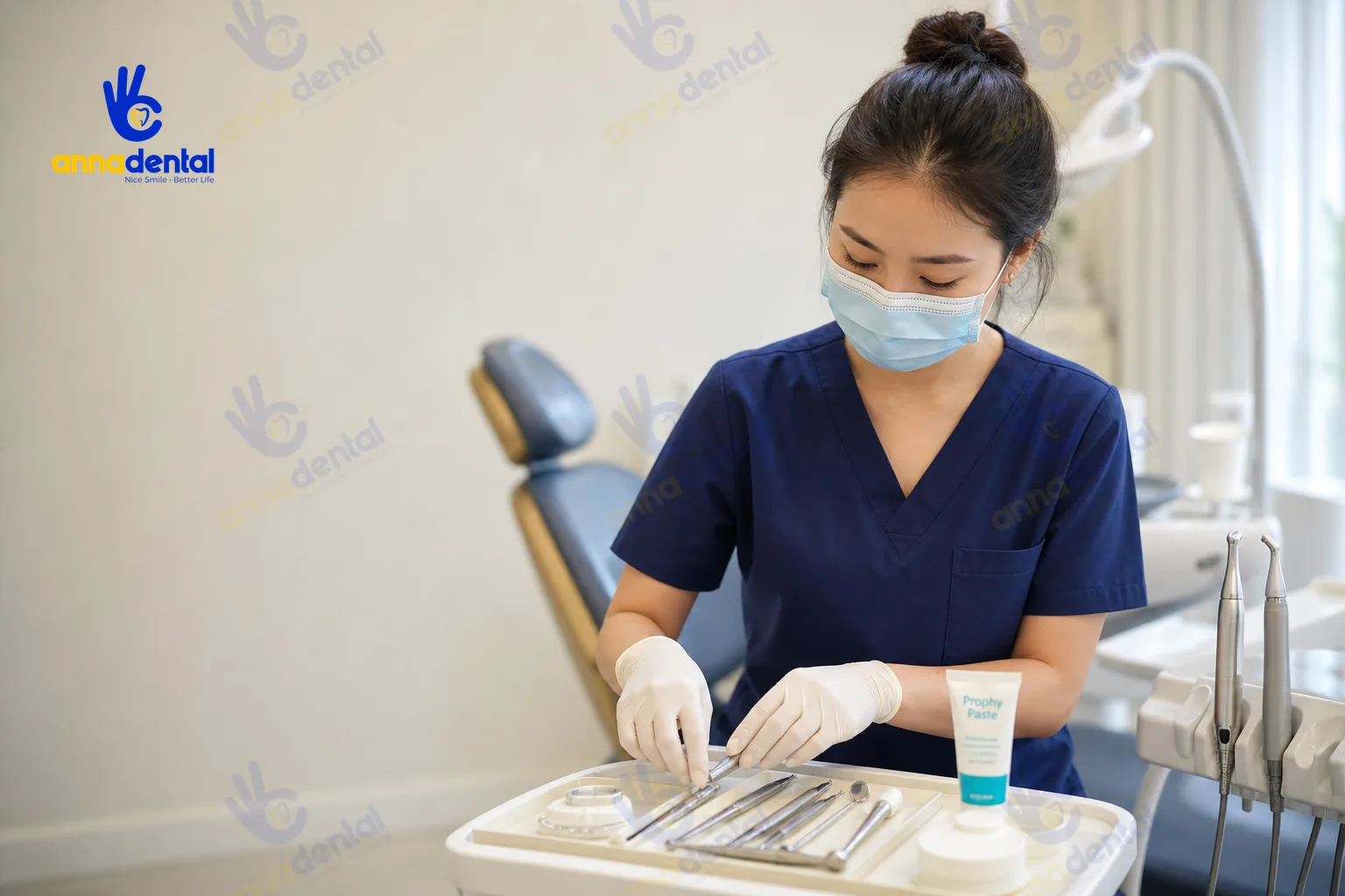 Nhân viên nha khoa chuẩn bị khay và dụng cụ cho quy trình làm sạch răng.