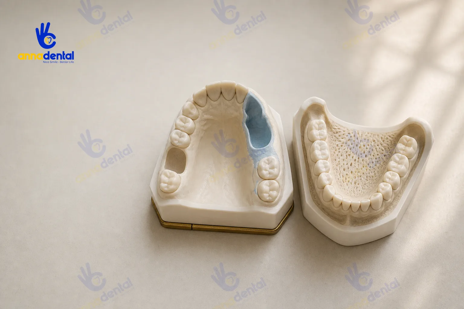 Hai mẫu hàm thể hiện sự khác biệt giữa mất răng hàm trên và dưới