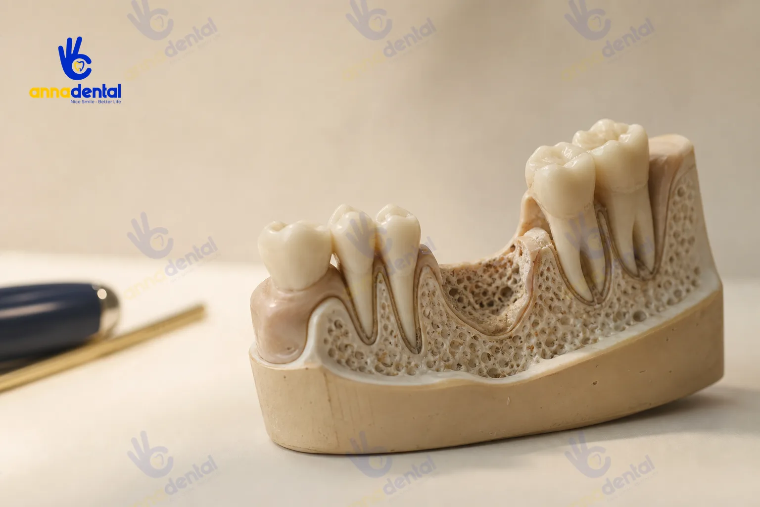 Mô hình hàm răng thật với vùng răng mất và tiêu xương rõ rệt đặt trên nền bàn sạch