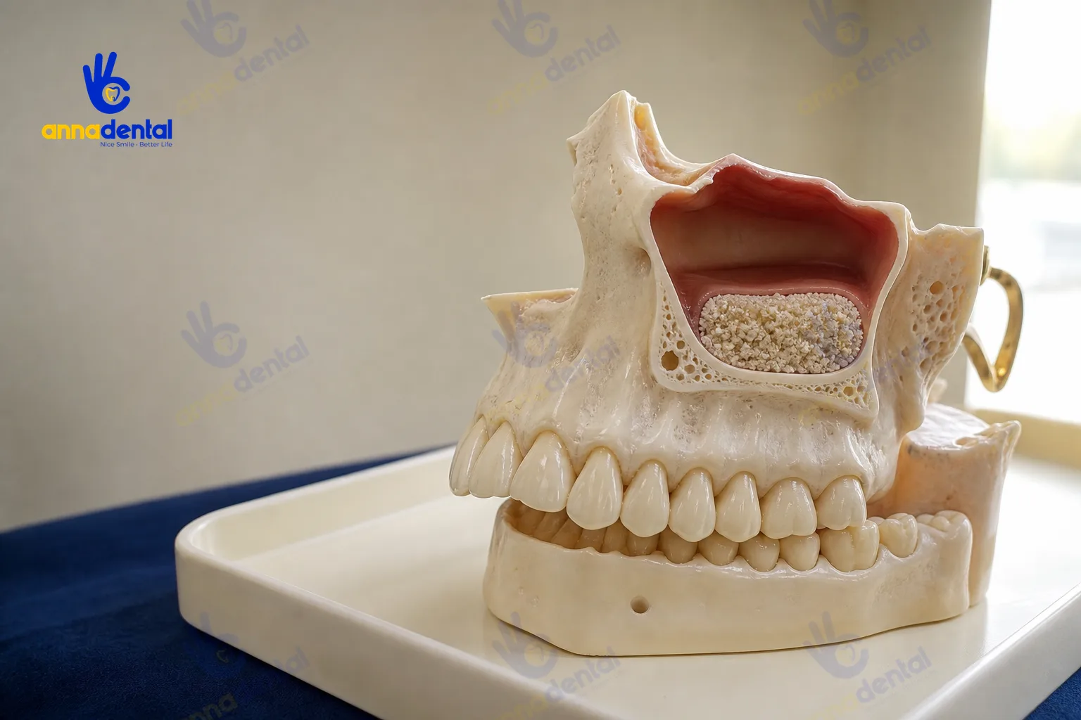 Mô hình cấu tạo xoang hàm trên minh hoạ kỹ thuật nâng xoang thực tế
