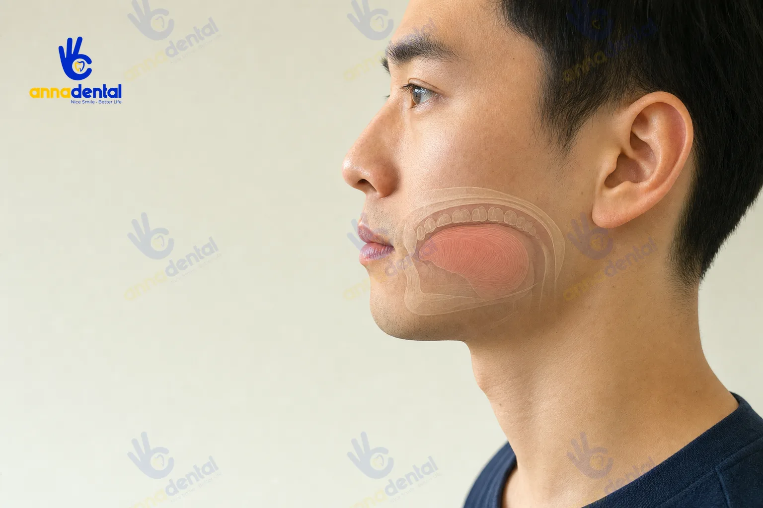 Người trưởng thành minh họa tư thế lưỡi đúng trong mewing ở tư thế nghiêng