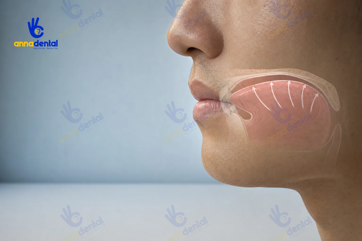 Cận cảnh miệng mô tả cách đặt lưỡi đúng khi mewing