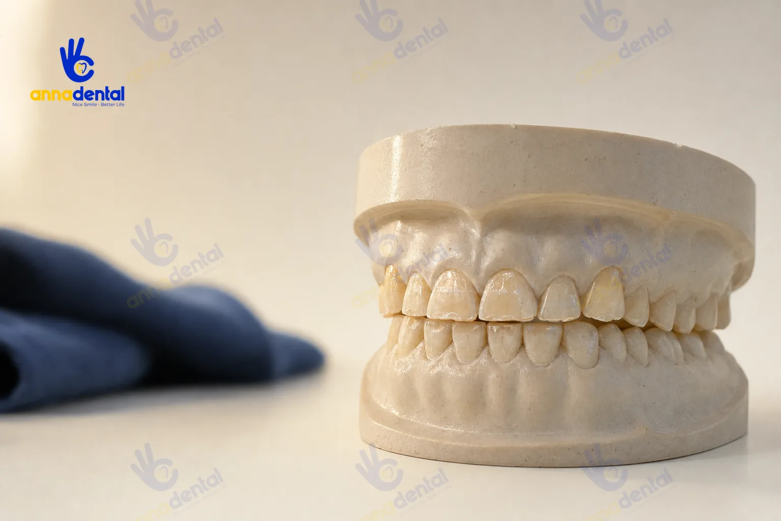 Mẫu hàm với răng cửa mòn phẳng do nghiến răng kéo dài