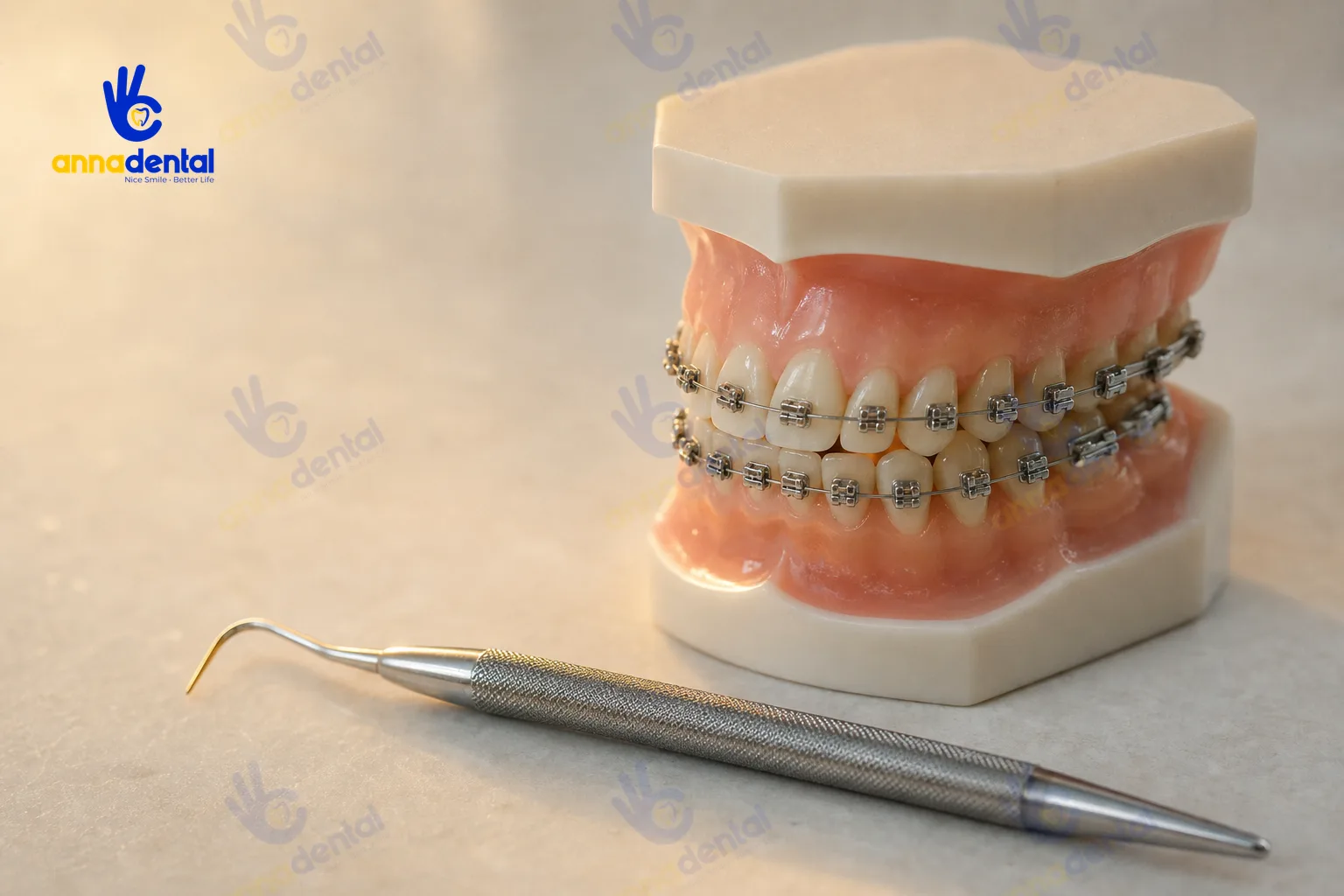 Mô hình hàm răng có mắc cài trên khay ngà sạch phản ánh rủi ro niềng răng