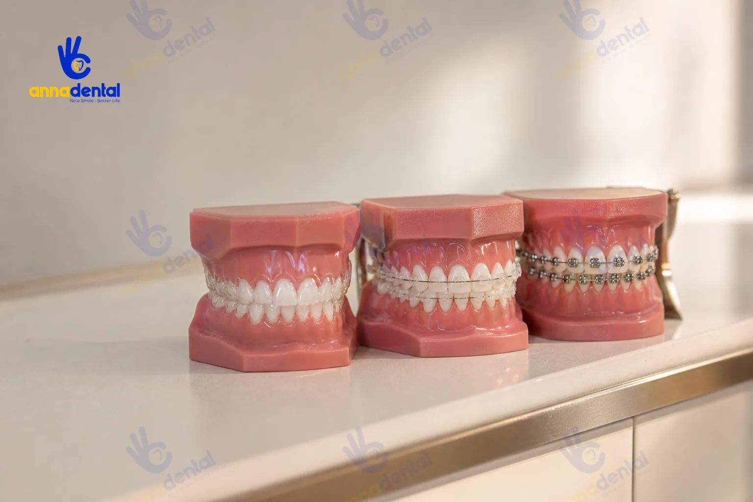 So sánh trực quan khay trong suốt, mắc cài kim loại và mắc cài sứ trên mẫu hàm.