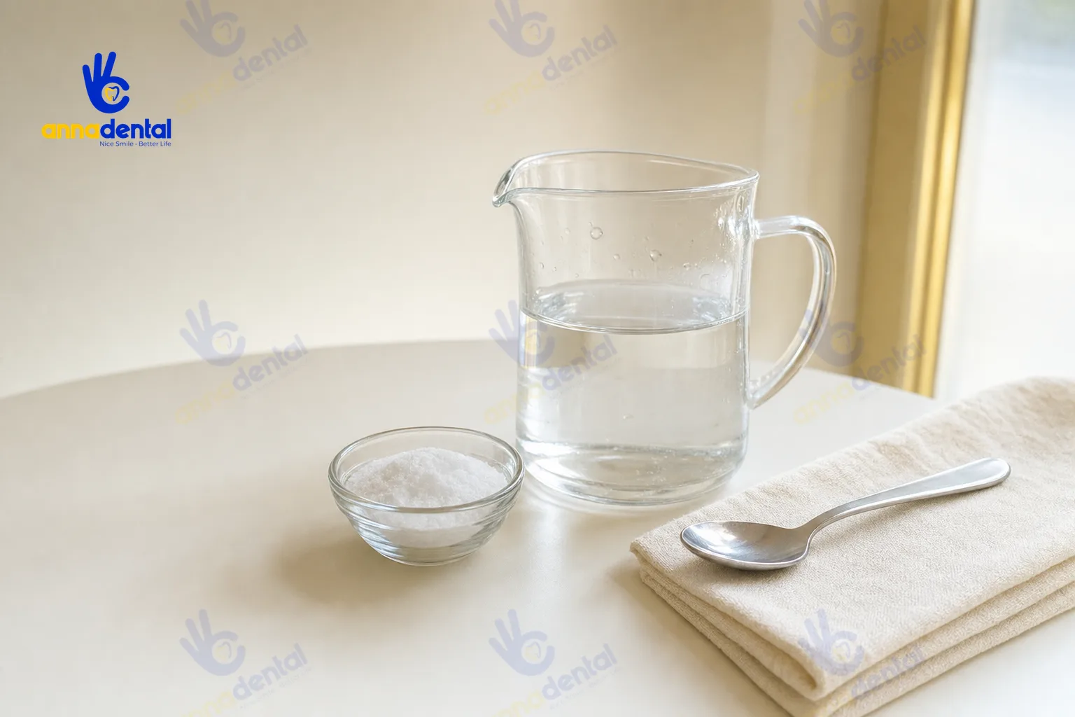 Cốc đong nước và bát muối dùng pha nước súc miệng