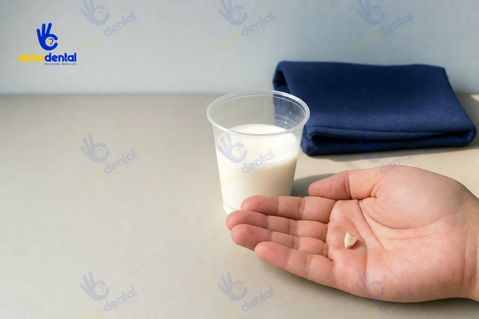 Tay cầm mảnh răng vỡ đặt cạnh cốc sữa dùng bảo quản