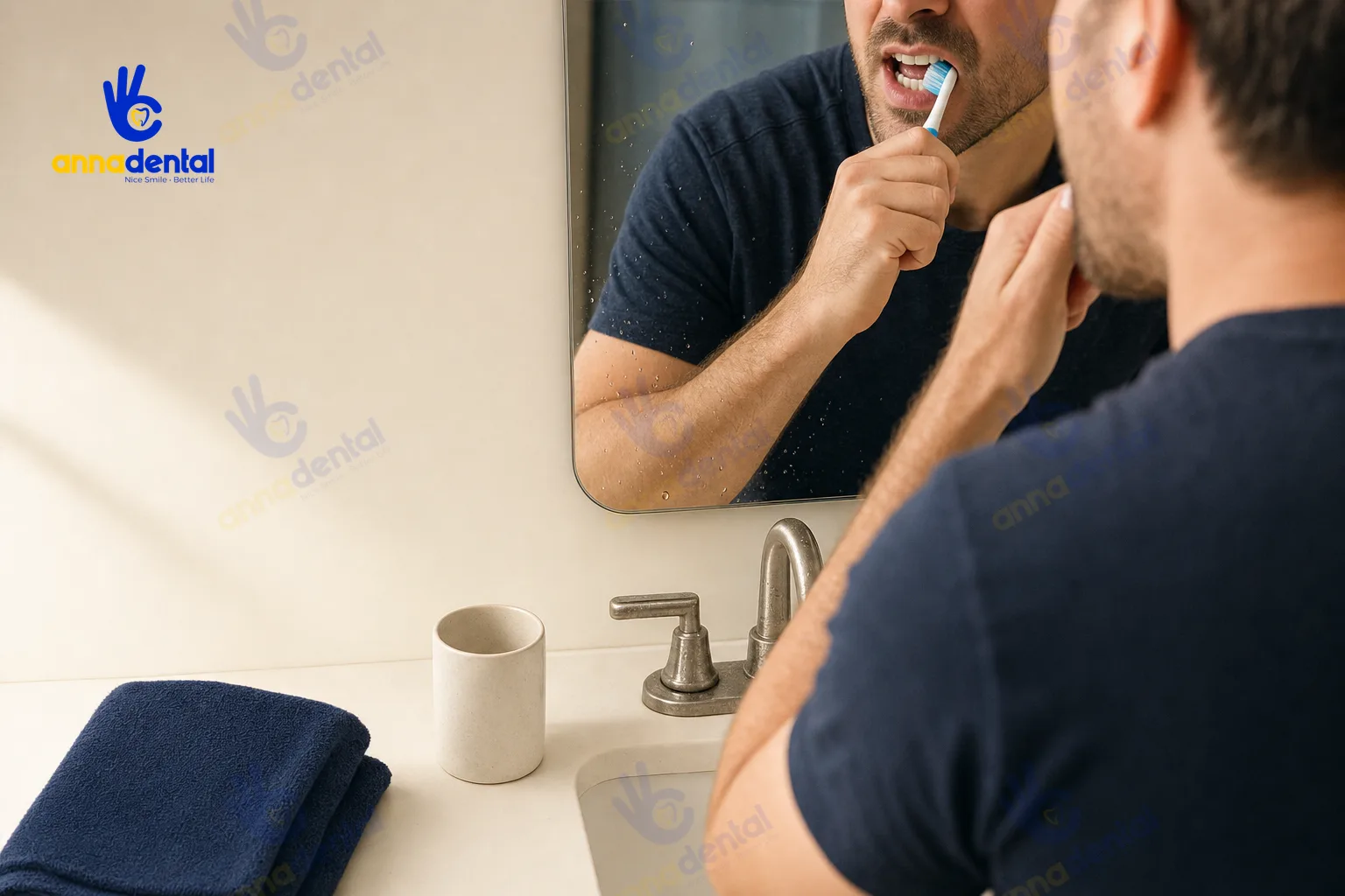 Người lớn đánh răng nhẹ nhàng sau khi phục hồi răng