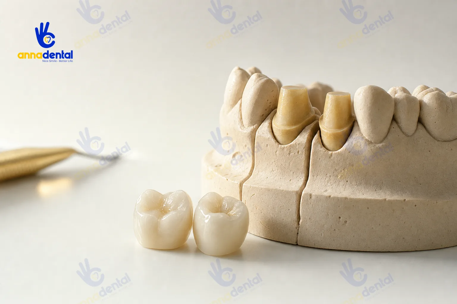 Mô hình răng đã mài cùi và mão sứ chuẩn bị gắn