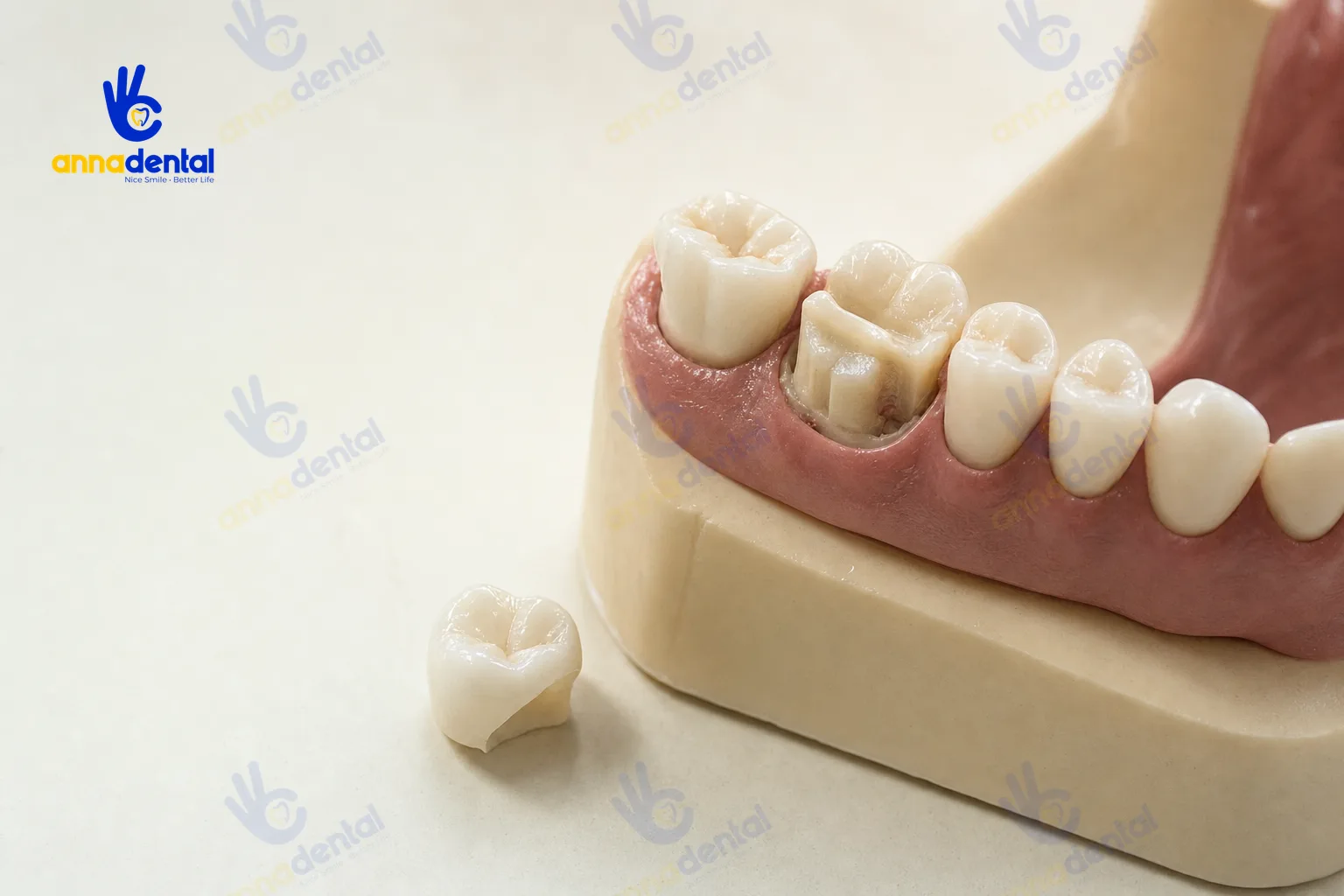 Mô phỏng răng đã lấy tủy và mão sứ đặt cạnh để giải thích răng đã lấy tủy có nên bọc sứ không