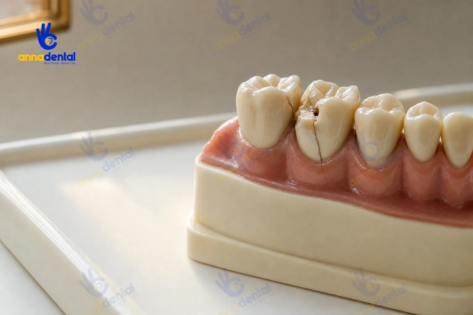 Mô hình răng hàm đã điều trị tủy bị nứt và mẻ múi