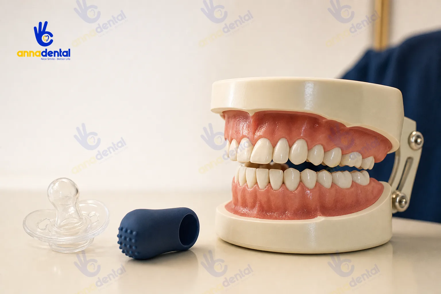 Mô hình răng trẻ em cạnh núm vú giả minh họa thói quen xấu