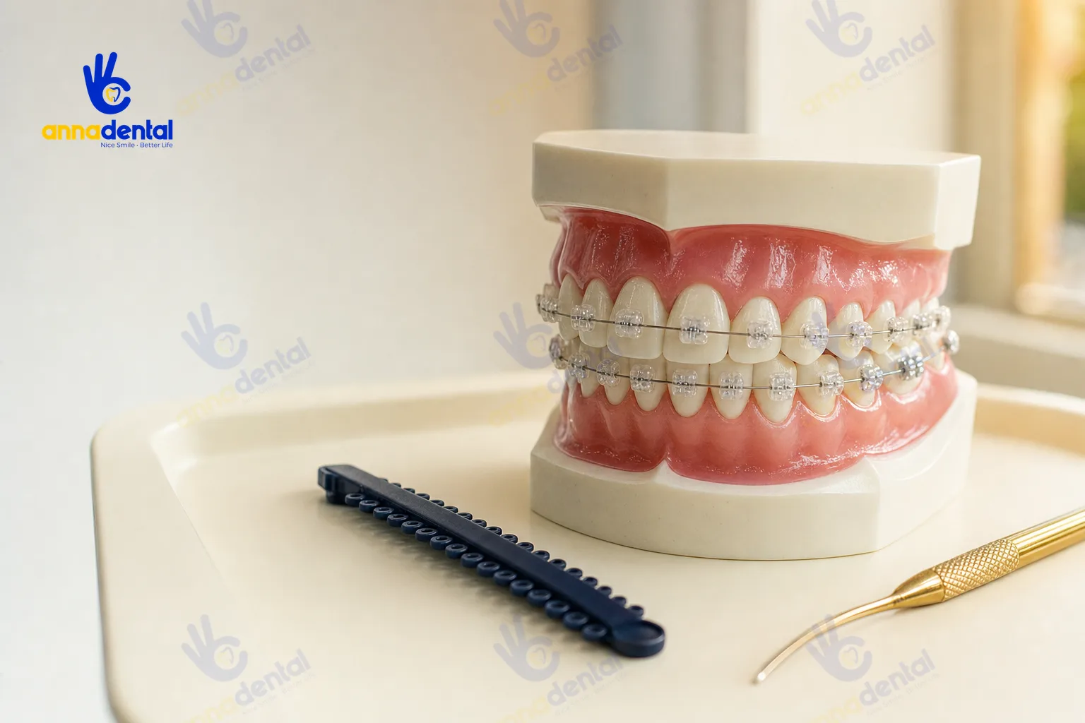Mô hình gắn mắc cài minh họa niềng răng điều trị hô vẩu