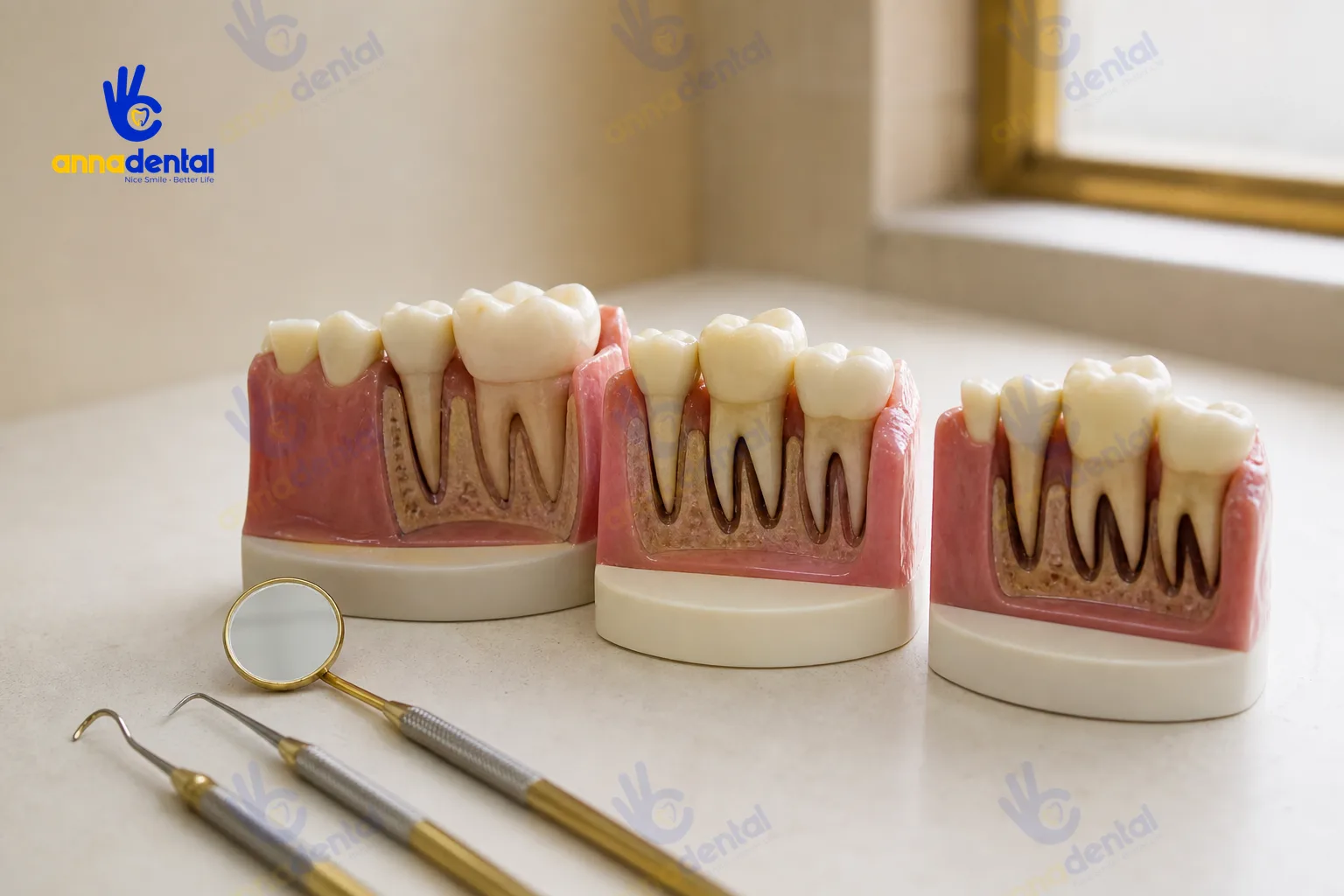 Ba mô hình mẫu hàm minh họa các mức độ lung lay khác nhau của răng
