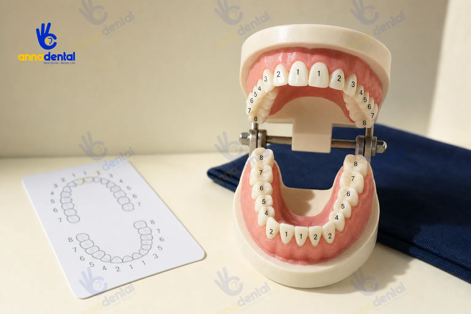Mẫu hàm răng nhựa thể hiện cách đánh số và vị trí các răng