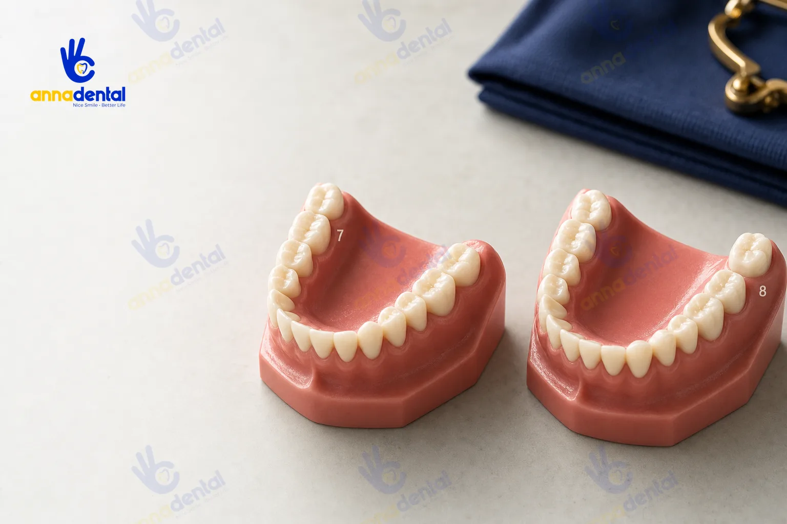 Mẫu hàm so sánh vị trí răng số 7 với răng khôn số 8